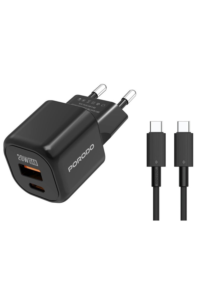 porodo GaN Dual-Port USB-A & Type-C QC 18W Quick Charger PD  20W Fast Charging with Simultaneous Charging & Built-In Safeguards / Reliable Companion / Over-Heat Protection / Type-C to Type-C Cable Included - Black - Image 1